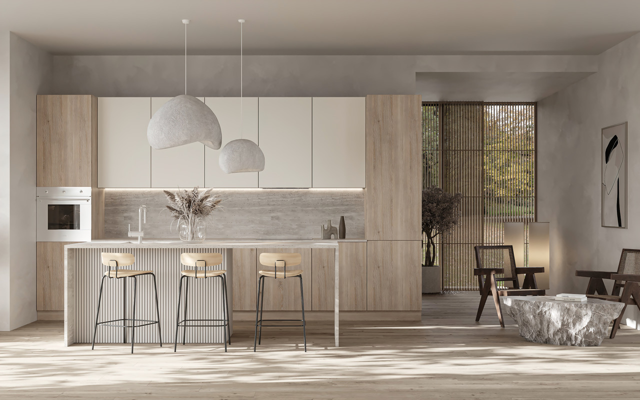 Light oak and white kitchen with a fluted island, sculptural pendants and a built-in oven