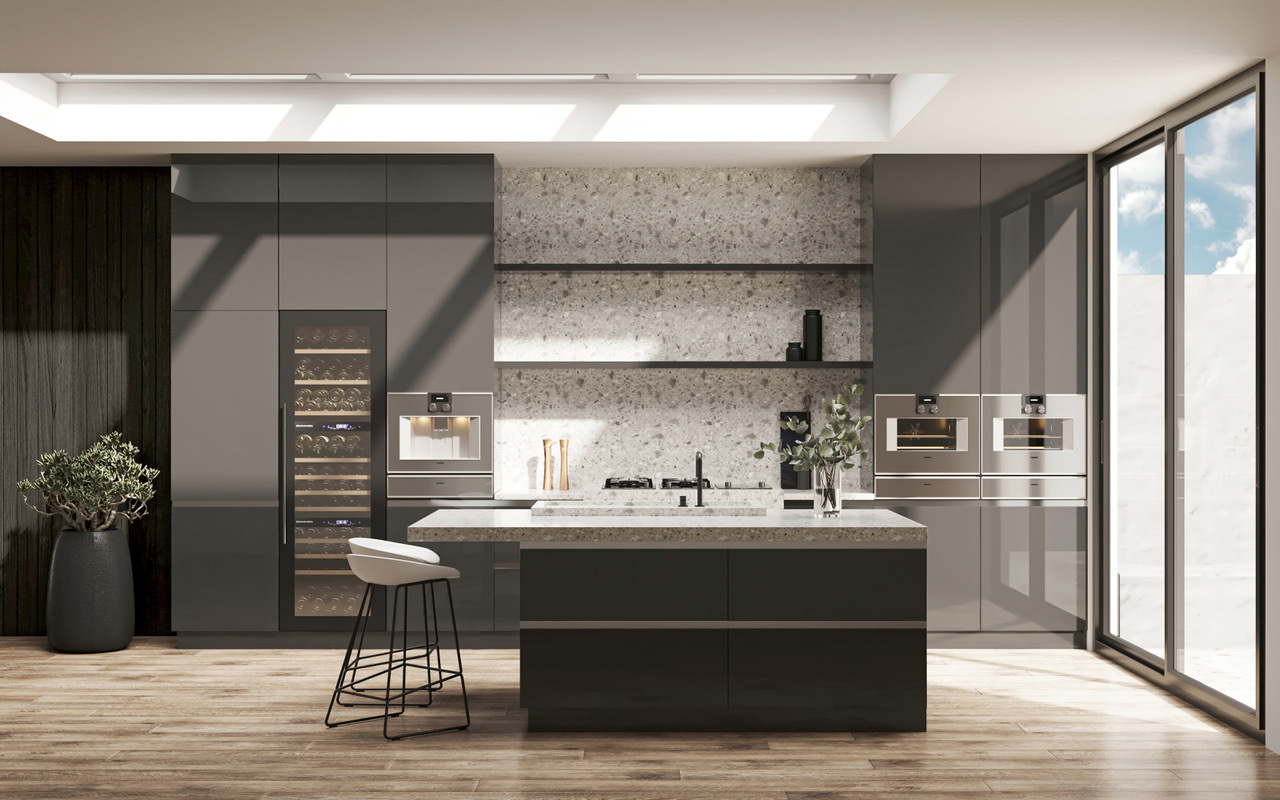 Grey gloss handleless kitchen with a wine column, built-in ovens and a terrazzo feature wall