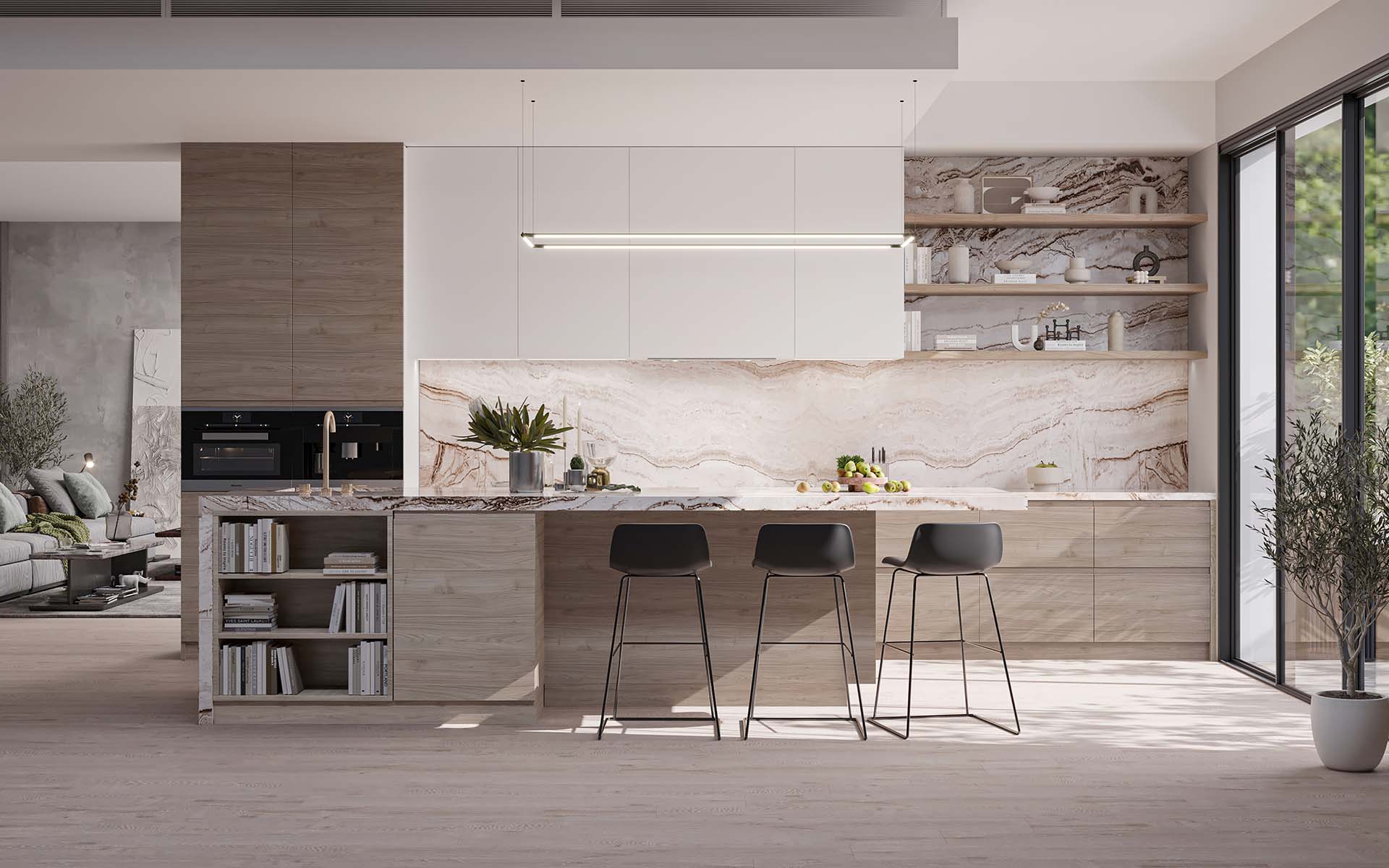 Light wood-grain base units and white wall cabinets with a veined marble backsplash and open shelving