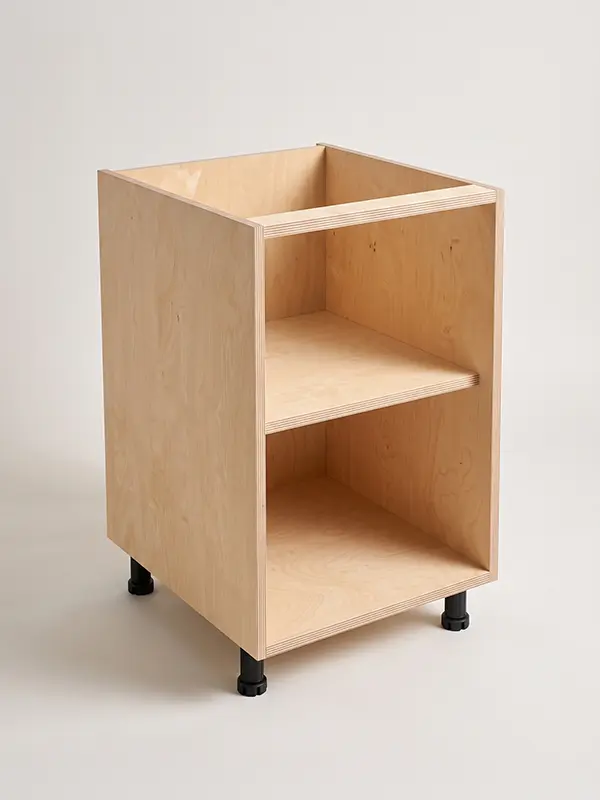 Premium-Ply cabinet box in natural plywood with a fixed shelf, shown open-fronted from a three-quarter angle