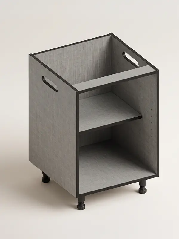 Grey outdoor cabinet box with black edges, an adjustable shelf, side cut-outs and adjustable legs, shown open-fronted from a three-quarter angle